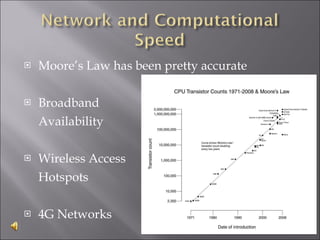 Moore’s Law has been pretty accurate Broadband Availability Wireless Access Hotspots 4G Networks 