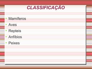 CLASSIFICAÇÃO Mamíferos Aves Repteis Anfíbios Peixes
