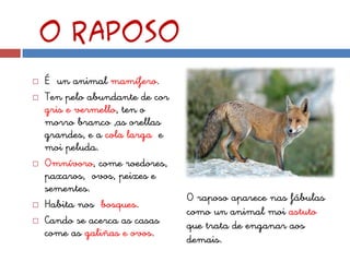 O raposo
   É un animal mamífero.
   Ten pelo abundante de cor
    gris e vermello, ten o
    morro branco ,as orellas
    grandes, e a cola larga e
    moi peluda.
   Omnívoro, come roedores,
    paxaros, ovos, peixes e
    sementes.
                                O raposo aparece nas fábulas
   Habita nos bosques.
                                como un animal moi astuto
   Cando se acerca as casas    que trata de enganar aos
    come as galiñas e ovos.
                                demais.
 