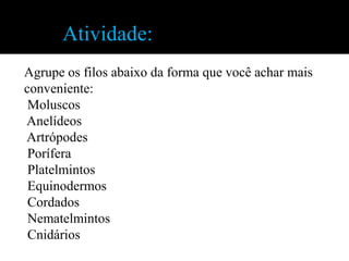 Atividade:
Agrupe os filos abaixo da forma que você achar mais
conveniente:
 Moluscos
Anelídeos
Artrópodes
 Porífera
 Platelmintos
 Equinodermos
 Cordados
 Nematelmintos
 Cnidários
 