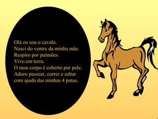 Olá eu sou o cavalo.
Nasci do ventre da minha mãe.
Respiro por pulmões.
Vivo em terra.
O meu corpo é coberto por pele.
Adoro passear, correr e saltar
com ajuda das minhas 4 patas.
 