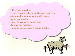 Olá eu sou aaovelha.
 Olá eu sou ovelha.
O meu corpo éécoberto de lã eeno verão vem
 O meu corpo coberto de lã no verão vem
o tosquiador para me cortar aalã porque
 o tosquiador para me cortar lã porque
tenho muito calor.
 tenho muito calor.
Nasci do ventre da minha mãe.
 Nasci do ventre da minha mãe.
Respiro por pulmões.
 Respiro por pulmões.
Gosto de passear com aaminha família.
 Gosto de passear com minha família.
 