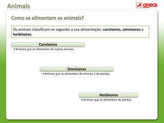 Os animais classificam-se segundo a sua alimentação: carnívoros, omnívoros e
herbívoros.
Carnívoros
• Animais que se alimentam de outros animais.
Omnívoros
• Animais que se alimentam de animais e de plantas.
Herbívoros
• Animais que se alimentam de plantas.
 
