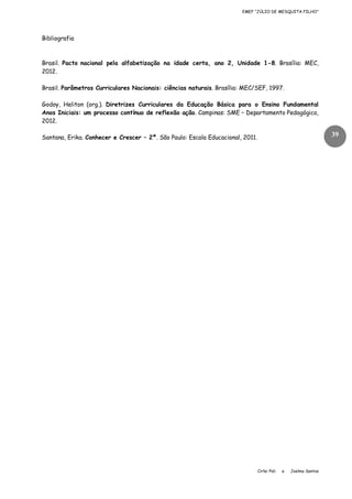EMEF “JÚLIO DE MESQUITA FILHO”

Bibliografia

Brasil. Pacto nacional pela alfabetização na idade certa, ano 2, Unidade 1-8. Brasília: MEC,
2012.
Brasil. Parâmetros Curriculares Nacionais: ciências naturais. Brasília: MEC/SEF, 1997.
Godoy, Heliton (org.). Diretrizes Curriculares da Educação Básica para o Ensino Fundamental
Anos Iniciais: um processo contínuo de reflexão ação. Campinas: SME – Departamento Pedagógico,
2012.

39

Santana, Erika. Conhecer e Crescer – 2º. São Paulo: Escala Educacional, 2011.

Cirlei Poli

e

Joelma Santos

 