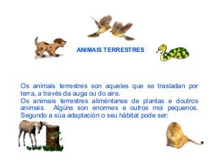 ANIMAIS TERRESTRES
Os animais terrestres son aqueles que se trasladan por
terra, a través da auga ou do aire.
Os animais terrestres aliméntanse de plantas e doutros
animais. Algúns son enormes e outros moi pequenos.
Segundo a súa adaptación o seu hábitat pode ser:
 