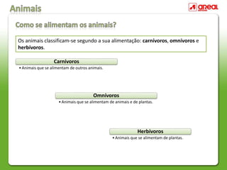 Os animais classificam-se segundo a sua alimentação: carnívoros, omnívoros e
herbívoros.
Carnívoros
•Animais que se alimentam de outros animais.
Omnívoros
•Animais que se alimentam de animais e de plantas.
Herbívoros
•Animais que se alimentam de plantas.
 