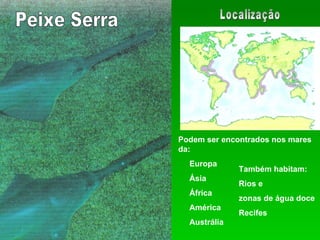 Peixe Serra Localização Podem ser encontrados nos mares da: Europa  Ásia África América Austrália Também habitam: Rios e  zonas de água doce Recifes 