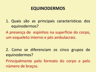 EQUINODERMOS
1. Quais são as principais características dos
equinodermos?
A presença de espinhos na superfície do corpo,
um esqueleto interno e pés ambulacrais.
2. Como se diferenciam os cinco grupos de
equinodermos?
Principalmente pelo formato do corpo e pelo
número de braços.
 