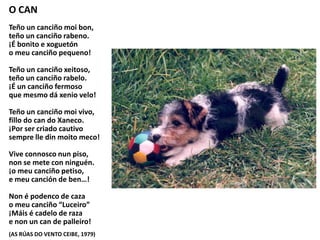 O CAN
Teño un canciño moi bon,
teño un canciño rabeno.
¡É bonito e xoguetón
o meu canciño pequeno!
Teño un canciño xeitoso,
teño un canciño rabelo.
¡É un canciño fermoso
que mesmo dá xenio velo!
Teño un canciño moi vivo,
fillo do can do Xaneco.
¡Por ser criado cautivo
sempre lle din moito meco!
Vive connosco nun piso,
non se mete con ninguén.
¡o meu canciño petiso,
e meu canción de ben…!
Non é podenco de caza
o meu canciño “Luceiro”
¡Máis é cadelo de raza
e non un can de palleiro!
(AS RÚAS DO VENTO CEIBE, 1979)
 