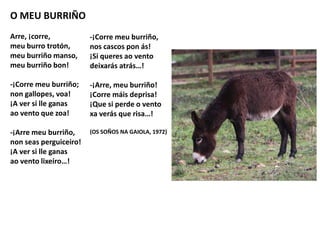 O MEU BURRIÑO
Arre, ¡corre,
meu burro trotón,
meu burriño manso,
meu burriño bon!
-¡Corre meu burriño;
non gallopes, voa!
¡A ver si lle ganas
ao vento que zoa!
-¡Arre meu burriño,
non seas perguiceiro!
¡A ver si lle ganas
ao vento lixeiro…!
-¡Corre meu burriño,
nos cascos pon ás!
¡Si queres ao vento
deixarás atrás…!
-¡Arre, meu burriño!
¡Corre máis deprisa!
¡Que si perde o vento
xa verás que risa…!
(OS SOÑOS NA GAIOLA, 1972)
 