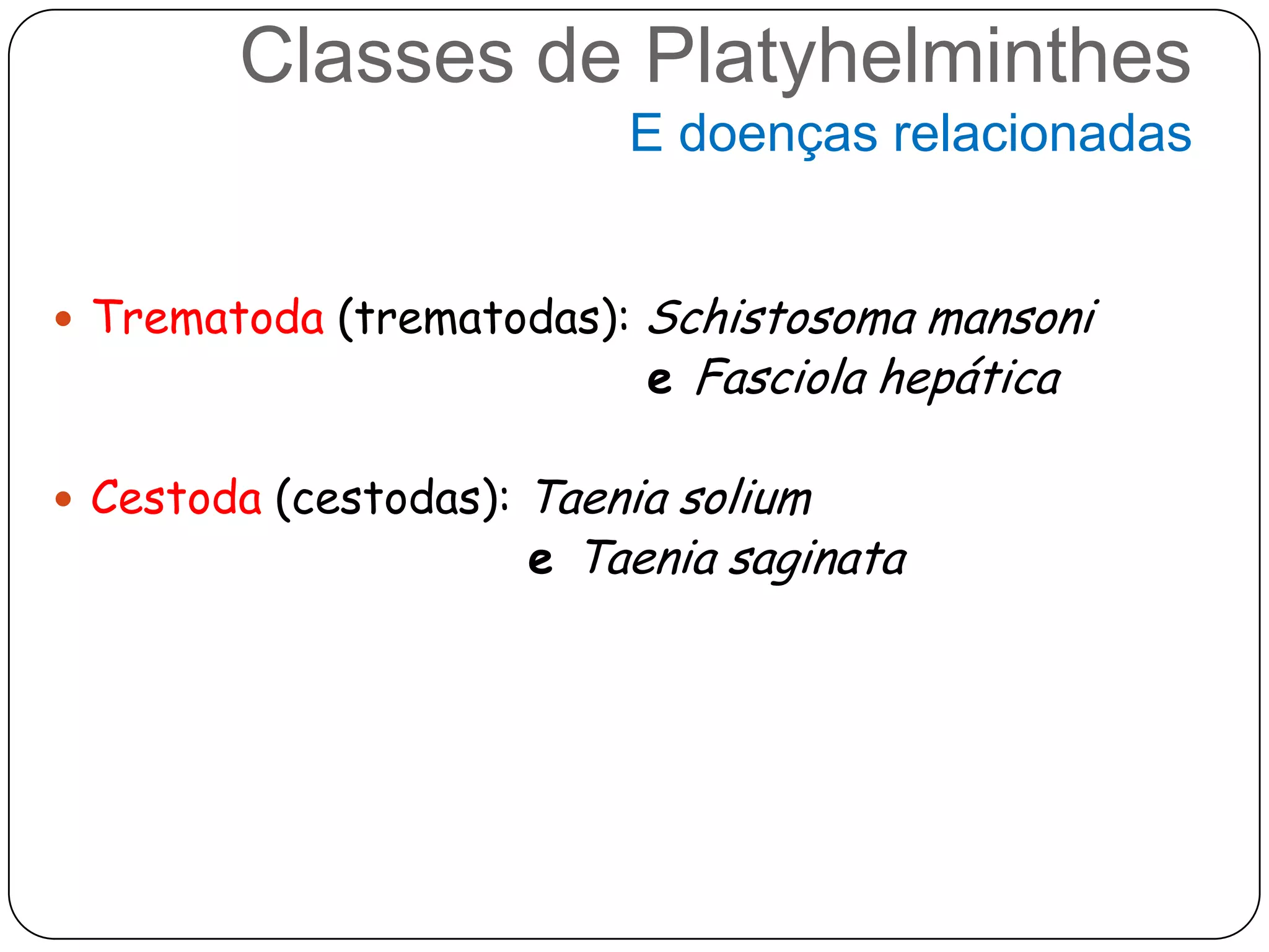 Classes de Platyhelminthes
                            E doenças relacionadas


 Trematoda (trematodas):    Schistosoma mansoni
                             e Fasciola hepática

 Cestoda (cestodas):   Taenia solium
                        e Taenia saginata
 