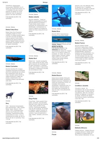 12/12/12                                                               Biologia

     CIENTÍFICO: Baleanoptera                                                                                              pequena, sem uma definição nítida
     acutorostrata TAMANHO: 8 a 10                                                                                         do pequeno bico. A nadadeira
     metros de comprimento PESO: 8 a                                                                                       dorsal pode ser triangular ou falcada
     13 toneladas Uma das menores                                                                                          e localiza-se após o centro do
     espécies de baleias do mundo.
     Costumam viver em pequenos                                                                                            8 de dezembro de 2012 / No
     grupos e as vezes são vistas            Animais, Baleias                                                              comments

     8 de dezembro de 2012 / No              Baleia Jubarte
     comments
                                             BALEIA JUBARTE Criado em
                                             1988 por oceanógrafos do Parque
                                             Nacional Marinho de Abrolhos, o
                                             Projeto Baleia Jubarte realiza
                                             pesquisas de comportamento, foto
     Animais, Baleias                        identificação, monitoramento do
                                             turismo e registro de encalhes de      Animais, Baleias
     Baleia Falsa-Orca                       baleias em toda a área próxima ao
                                             parque.                                Baleia Orca
     Baleia Falsa Orca Pseudorca
     crassidens Origem do nome               8 de dezembro de 2012 / No             BALEIA ORCA Características
     científico: Do grego pseudos (falso),   comments                               principais A orca possui várias
     e do latim orca (tipo de baleia),                                              características marcantes que
     crassus (grosso) e dens (dente) –                                              fazem dela um dos cetáceos mais
     referência aos grossos dentes da                                               facilmente identificáveis: nadadeira
     espécie Hábitat Oceânico/Costeiro                                                                                     Animais, Baleias
                                                                                    dorsal muito alta e larga (falcada
     Distribuição Cosmopolita. Ocorre                                               nas fêmeas e triangular em machos      Baleia Franca
     em águas temperadas                                                            Animais, Baleias
                                                                                    adultos), cabeça em forma de cone,
                                                                                    nadadeiras peitorais                   BALEIA FRANCA NOME
     8 de dezembro de 2012 / No                                                     Baleia de Bryde                        POPULAR: Baleia-franca, Baleia-
     comments                                                                       8 de dezembro de 2012 / No             franca-do-sul, Baleia-franca-austral,
                                                                                    Baleia-de-Bryde São muito
                                                                                    comments                               Baleia-preta, Baleia-lisa, Baleia-
                                                                                    semelhantes às baleias-sei. Medem
                                                                                                                           verdadeiraNOME CIENTÍFICO:
                                                                                    entre 13 e 14 metros e pesam 20
                                                                                                                           Eubalena australisTAMANHO: 15 a
                                                                                    toneladas, em média. Seu corpo é
                                                                                                                           18 metros de comprimentoPESO:
                                             Animais, Baleias                       longo e esguio. Possuem cabeça
                                                                                                                           40 a 80 toneladas Uma das mais
                                                                                    larga e plana com uma quilha
                                                                                                                           impressionantes baleias do mundo
                                             Baleia Azul                            central e duas quilhas laterais,
                                                                                                                           e como todas as outras, sabemos
                                                                                    característica que as
                                                                                                                           muito pouco sobre a
                                             Baleia Azul Quando se pergunta
                                             qual o maior animal da Terra, muita    8 de dezembro de 2012 / No
                                                                                                                           8 de dezembro de 2012 / No
     Animais, Baleias                        gente responde sem pestanejar que      comments
                                                                                                                           comments
                                             foi algum dinossauro. A resposta,
     Baleia Cachalote                        porém, está errada! O maior animal
                                             do planeta é a baleia-azul! Ela pode
     BALEIA CACHALOTE A baleia-
                                             ser encontrada em todos
     cachalote é facilmente reconhecível
     pela forma quadrada de sua cabeça,      8 de dezembro de 2012 / No
     que corresponde a 40% de seu                                                   Animais, Baleias
                                             comments
     corpo. Na parte superior frontal da                                            Baleia Branca
     cabeça localiza-se o órgão que
     produz o espermacete, uma                                                      Baleia Branca NOME POPULAR:
     substância oleosa cuja densidade                                               Baleia-branca NOME CIENTÍFICO:
     pode variar                                                                    Balaena mysticetus TAMANHO: 20
                                                                                    metros de comprimento PESO: 70
     8 de dezembro de 2012 / No                                                                                            Animais
                                                                                    toneladas Outra espécie
     comments
                                                                                    semelhante, e igualmente rara, é a     Crodilos e Jacarés
                                                                                    baleia-branca. Caracterizada por
                                                                                    sua cabeça que corresponde um          Crocodilo e Jacaré Os
                                                                                    terço do corpo. Está praticamente      crocodilianos são os mais evoluídos
                                                                                    limitada ao                            dos répteis atuais. Incluem entre os
                                                                                                                           crocodilianos, além dos crocodilos,
                                                                                    8 de dezembro de 2012 / No             também os oligatores, os jacarés e
                                                                                    comments                               os gaviais. Anatomia dos répteis
                                             Animais
                                                                                                                           Sua anatomia interna é semelhante
                                             Onça Parda                                                                    a das aves. São
     Animais                                 Onça-Parda Nome popular Onça-                                                 8 de dezembro de 2012 / No
                                             parda, suçuarana, onça-vermelha,                                              comments
     Gnu                                     leão-baio, puma, leão-da-montanha,
     GNU Taxonomia Connochaetes              cougar. Nome científico Puma
     gnou [Zimmermann, 1780]. Citação:       concolor. Distribuição geográfica
     Geogr. Gesch. Mensch. Vierf.            Vive nas três Américas, do Canadá
     Thiere, 2:102. Localização típica:      à Patagônia. Habitat Florestas em
     África do Sul,Província do Cabo,        montanhas. Hábitos alimentares É
     Colesberg. Características gerais       carnívora. Caça principalmente à
     Comprimento do corpo: 1,7-2,2 m.        noite, veados, capivaras, porcos-do-
     Comprimento de cauda: 80-100 cm.        mato
     Altura: 90-120 cm (cernelha). Peso:     8 de dezembro de 2012 / No
     110-180                                 comments
     8 de dezembro de 2012 / No
     comments
                                                                                                                           Animais

                                                                                                                           Elefante Africano
                                                                                                                           Elefante Africano Elefante Africano
                                                                                    Animais                                Loxodonta africana O habitat nativo
                                                                                                                           do elefante é a savana aberta da
                                                                                    Focas                                  África Central e Meridional. Em seu

www.biologia.euachei.com.br                                                                                                                                        2/8
 