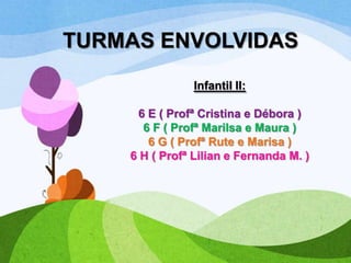 TURMAS ENVOLVIDAS
Infantil II:
6 E ( Profª Cristina e Débora )
6 F ( Profª Marilsa e Maura )
6 G ( Profª Rute e Marisa )
6 H ( Profª Lilian e Fernanda M. )

 