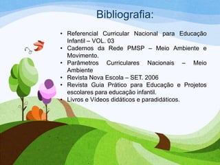 Bibliografia:
• Referencial Curricular Nacional para Educação
Infantil – VOL. 03
• Cadernos da Rede PMSP – Meio Ambiente e
Movimento.
• Parâmetros Curriculares Nacionais – Meio
Ambiente
• Revista Nova Escola – SET. 2006
• Revista Guia Prático para Educação e Projetos
escolares para educação infantil.
• Livros e Vídeos didáticos e paradidáticos.

 