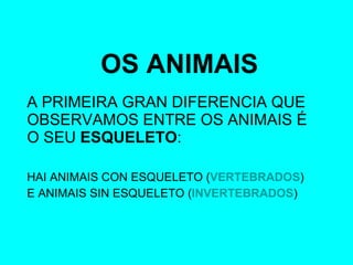 OS ANIMAIS A PRIMEIRA GRAN DIFERENCIA QUE OBSERVAMOS ENTRE OS ANIMAIS É O SEU  ESQUELETO :  HAI ANIMAIS CON ESQUELETO ( VERTEBRADOS )  E ANIMAIS SIN ESQUELETO ( INVERTEBRADOS ) 