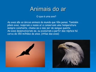 Animais do ar   O que é uma ave? As aves são os únicos animais do mundo que têm penas. Também põem ovos, respiram o nosso ar e conservam uma temperatura sempre constante, chama-se a isso ser de sangue quente. As aves desenvolveram-se, ou evoluíram a partir dos répteis há cerca de 150 milhões de anos. (Atlas das aves) 