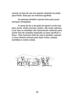 cutucar os bois de vez em quando, fazendo-os andar
para frente. Este pau se chamava aguilhão.
As pessoas também usavam bois para puxar
carroças carregadas.
A carne de boi e de gado em geral é muito boa
para comer. Estes animais, porém, são muito valiosos,
e por isso os israelitas não costumavam matá-los para
comer fora de ocasiões especiais ou para sacrificar a
Deus. Eles tomavam leite de vaca e também usavam
o couro desses animais para fazer cintos, estojos,
sandálias e outras coisas.
24
 