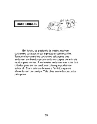 CACHORROS
Em Israel, os pastores às vezes, usavam
cachorros para pastorear e proteger seu rebanho.
Também havia muitos cachorros selvagens que
andavam em bandos procurando os corpos de animais
mortos para comer. À noite eles andavam nas ruas das
cidades para comer qualquer coisa que pudessem
achar ali. Eram animais bravos e famintos que se
alimentavam de carniça. Tais cães eram desprezados
pelo povo.
35
 