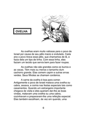 OVELHA
As ovelhas eram muito valiosas para o povo de
Israel por causa de seu pêlo macio e ondulado. Cada
ano o povo tirava esse pêlo, que chamamos de lã, e
fazia dela um tipo de linha. Com essa linha, eles
faziam um tecido que servia bem para fazer roupas.
As ovelhas não são grandes como os burros e
as vacas. Têm mais ou menos o tamanho dum
cachorro grande. Elas comem capim e outras ervas
verdes. Seus filhotes se chamam cordeiros.
A carne da ovelha é boa para comer.
Antigamente o povo de Israel matava uma ovelha ou
cabra, assava, e comia nas festas especiais tais como
casamentos. Quando um estrangeiro importante
chegava de visita e eles queriam dar-lhe as boas
vindas, matavam uma ovelha ou uma cabra,
cozinhavam e preparavam-lhe uma refeição especial.
Eles também escolhiam, de vez em quando, uma
6
 