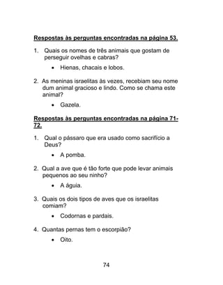 Respostas às perguntas encontradas na página 53.
1. Quais os nomes de três animais que gostam de
perseguir ovelhas e cabras?
 Hienas, chacais e lobos.
2. As meninas israelitas às vezes, recebiam seu nome
dum animal gracioso e lindo. Como se chama este
animal?
 Gazela.
Respostas às perguntas encontradas na página 71-
72.
1. Qual o pássaro que era usado como sacrifício a
Deus?
 A pomba.
2. Qual a ave que é tão forte que pode levar animais
pequenos ao seu ninho?
 A águia.
3. Quais os dois tipos de aves que os israelitas
comiam?
 Codornas e pardais.
4. Quantas pernas tem o escorpião?
 Oito.
74
 