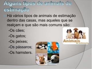    Há vários tipos de animais de estimação
    dentro das casas, mas aqueles que se
    realçam e que são mais comuns são:
     -Os cães;
     -Os gatos;
     -Os peixes;
     -Os pássaros;
     -Os hamsters.
 