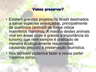 Vamos preservar? Existem grandes projetos no Brasil destinados a salvar espécies ameaçadas, principalmente de quelônios (animais de longa vida)e mamíferos marinhos. A maioria destes animais vive em áreas onde é grande a importância do turismo, que nem sempre é praticado de maneira ecologicamente responsável, causando prejuízo à preservação faunística. Nós também podemos fazer a nossa parte! Vejamos como... 
