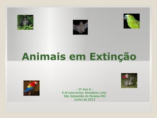 Animais em Extinção
- 3º Ano 6 -
E.M.interventor Noraldino Lima
São Sebastião do Paraíso-MG
Junho de 2013
 