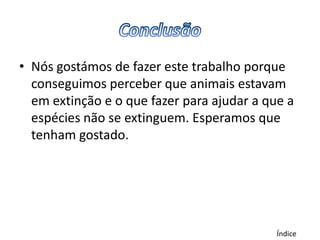 • Nós gostámos de fazer este trabalho porque
  conseguimos perceber que animais estavam
  em extinção e o que fazer para ajudar a que a
  espécies não se extinguem. Esperamos que
  tenham gostado.




                                            Índice
 
