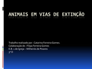 ANIMAIS EM VIAS DE EXTINÇÃO




Trabalho realizado por : Catarina Ferreira Gomes.
Colaboração de : Filipa Ferreira Gomes
E.B. 1 de Igreja – Milheirós de Poiares
3º D
 