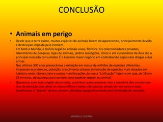 CONCLUSÃO

• Animais em perigo
•   Desde que a terra existe, muitas espécies de animais foram desaparecendo, principalmente devido
    à destruição imposta pelo Homem.
    Em todo o Mundo, o tráfico ilegal de animais vivos, floresce. Os coleccionadores privados,
    laboratórios de pesquisa, lojas de animais, jardins zoológicos, circos e até curandeiros da Ásia são o
    principal mercado consumidor. É o terceiro maior negócio em contrabando depois das drogas e das
    armas.
    Nos últimos 300 anos provocámos a extinção em massa de milhões de espécies diferentes.
    Interesses económicos, poluição, crescimento urbano, introdução de espécies mais dotadas em
    habitats onde não existiam e outras manifestações da nossa “civilização” fazem com que, de 15 em
    15 minutos, desapareça para sempre, uma espécie vegetal ou animal.
•   Queremos com este singelo documento, contribuir para preservar viva a memória dos animais em
    vias de extinção que talvez os nossos filhos e netos não possam jamais ver em carne e osso.
    Escolhemos o "topten" desses animais, divididos geograficamente para facilidade de consulta.




                                            ANDREIA E SILVANA
 