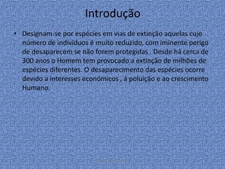 Introdução
• Designam-se por espécies em vias de extinção aquelas cujo
  número de indivíduos é muito reduzido, com iminente perigo
  de desaparecem se não forem protegidas . Desde há cerca de
  300 anos o Homem tem provocado a extinção de milhões de
  espécies diferentes. O desaparecimento das espécies ocorre
  devido a interesses económicos , á poluição e ao crescimento
  Humano.




                          ANDREIA E SILVANA
 