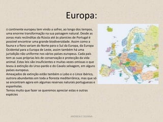 Europa:
O continente europeu tem vindo a sofrer, ao longo dos tempos,
uma enorme transformação na sua paisagem natural. Desde as
zonas mais recônditas da Rússia até às planícies de Portugal é
possível encontrar uma grande biodiversidade. Assim como a
fauna e a flora variam do Norte para o Sul da Europa, da Europa
Ocidental para a Europa de Leste, assim também há uma
jurisdição não uniforme nos vários países europeus. Cada país
tem as suas próprias leis de conservação e protecção da vida
animal. Estas leis são insuficientes e muitas vezes omissas o que
levou à extinção do Urso-pardo e do Cavalo selvagem, em alguns
países europeus.
Ameaçados de extinção estão também o Lobo e o Lince ibérico,
outrora abundantes em toda a floresta mediterrânica, mas que só
se encontram agora em algumas reservas naturais portuguesas e
espanholas.
Temos muito que fazer se queremos apreciar estas e outras
espécies




                                              ANDREIA E SILVANA
 