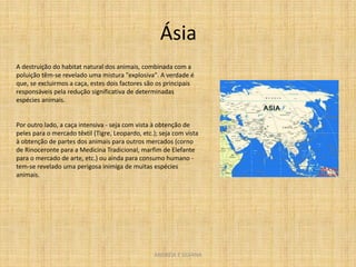 Ásia
A destruição do habitat natural dos animais, combinada com a
poluição têm-se revelado uma mistura "explosiva". A verdade é
que, se excluirmos a caça, estes dois factores são os principais
responsáveis pela redução significativa de determinadas
espécies animais.


Por outro lado, a caça intensiva - seja com vista à obtenção de
peles para o mercado têxtil (Tigre, Leopardo, etc.); seja com vista
à obtenção de partes dos animais para outros mercados (corno
de Rinoceronte para a Medicina Tradicional, marfim de Elefante
para o mercado de arte, etc.) ou ainda para consumo humano -
tem-se revelado uma perigosa inimiga de muitas espécies
animais.




                                                  ANDREIA E SILVANA
 