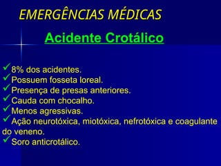 EMERGÊNCIAS MÉDICAS
EMERGÊNCIAS MÉDICAS
Acidente Crotálico
8% dos acidentes.
Possuem fosseta loreal.
Presença de presas anteriores.
Cauda com chocalho.
Menos agressivas.
Ação neurotóxica, miotóxica, nefrotóxica e coagulante
do veneno.
Soro anticrotálico.
 
