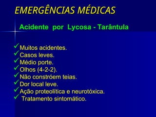 EMERGÊNCIAS MÉDICAS
EMERGÊNCIAS MÉDICAS
Acidente por Lycosa - Tarântula
Muitos acidentes.
Casos leves.
Médio porte.
Olhos (4-2-2).
Não constróem teias.
Dor local leve.
Ação proteolítica e neurotóxica.
 Tratamento sintomático.
 