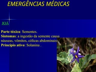 EMERGÊNCIAS MÉDICAS
EMERGÊNCIAS MÉDICAS
JOÁ
Parte tóxica: Sementes.
Sintomas: a ingestão da semente causa
náuseas, vômitos, cólicas abdominais
Princípio ativo: Solanina .
COM GLICOALCALÓIDES
 