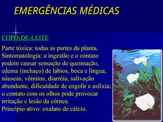 EMERGÊNCIAS MÉDICAS
EMERGÊNCIAS MÉDICAS
IRRITAÇÃO MUCOSA
COPO-DE-LEITE
Parte tóxica: todas as partes da planta.
Sintomatologia: a ingestão e o contato
podem causar sensação de queimação,
edema (inchaço) de lábios, boca e língua,
náuseas, vômitos, diarréia, salivação
abundante, dificuldade de engolir e asfixia;
o contato com os olhos pode provocar
irritação e lesão da córnea.
Princípio ativo: oxalato de cálcio.
 