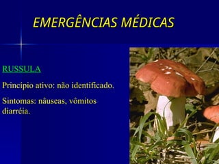 EMERGÊNCIAS MÉDICAS
EMERGÊNCIAS MÉDICAS
RUSSULA
Princípio ativo: não identificado.
Sintomas: nâuseas, vômitos
diarréia.
 