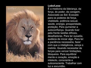 Leão/Leoa
É a medicina da liderança, da
força, do poder, da coragem.
Associado ao Sol. Evocado
para os poderes de força,
vitalidade, potência sexual,
saúde, energia, prosperidade,
proteção. Para aumentar a
autoconfiança. Quando tiver
pela frente tarefas difíceis,
desafiadoras. Para ter ousadia,
audácia de iniciar algo. Para ter
a paciência necessária, fazer
com que a inteligência, vença o
instinto. Quando necessitar de
forças para vencer limitações,
bloqueios. Para equilibrar
mente e coração, emoção e
intelecto, consciente e
subconsciente. Trabalhar com
luz e escuridão.

 