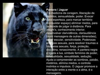 Pantera / Jaguar
É a medicina da coragem, liberação de
instintos, sensualidade, poder. Evocar
para esperteza, para marcar território
(conquistar espaço) eliminar medos, para
facilidade de julgar à distância. Para
insight’s, conhecimento interior,
desenvolver clarividência, clariaudiência
(ouvir mensagens de outras dimensões),
saber escutar, sensitividade. Poderosas
energias sexuais, para resolver traumas e
bloqueios sexuais, força, proteção,
disciplina, renascimento. A pantera negra
é ligada a lua, símbolo feminino de poder,
sensualidade, sexualidade, sedução.
Ajuda a compreender as sombras, paixão,
mistérios, elimina medos, e controla
instintos e impulsos. O Jaguar promove a
interação entre a mente e a alma, é o
mensageiro.

 
