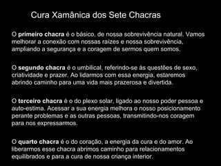 Cura Xamânica dos Sete Chacras
O primeiro chacra é o básico, de nossa sobrevivência natural. Vamos
melhorar a conexão com nossas raízes e nossa sobrevivência,
ampliando a segurança e a coragem de sermos quem somos.
O segundo chacra é o umbilical, referindo-se às questões de sexo,
criatividade e prazer. Ao lidarmos com essa energia, estaremos
abrindo caminho para uma vida mais prazerosa e divertida.
O terceiro chacra é o do plexo solar, ligado ao nosso poder pessoa e
auto-estima. Acessar a sua energia melhora o nosso posicionamento
perante problemas e as outras pessoas, transmitindo-nos coragem
para nos expressarmos.
O quarto chacra é o do coração, a energia da cura e do amor. Ao
liberarmos esse chacra abrimos caminho para relacionamentos
equilibrados e para a cura de nossa criança interior.

 