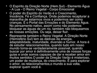 • O Espírito da Direção Norte (Hem.Sul) - Elemento Água
- A Lua - O Reino Vegetal - Corpo Emocional
• O poder do Espírito do Verão é o Crescimento,
Inocência, Fé e Confiança. Onde podemos recapturar a
maravilha de estarmos vivos e podermos ser como
crianças. É o Portal das Emoções e do Elemento Água.
No pensamento nativo, assim como não podemos
bloquear as águas de um rio, também não bloqueamos
as nossas emoções. Ou seja, deixar fluir.
• Representa também o Reino Vegetal. A Direção Norte
(Hemisfério Sul) tem as dádivas da energia,
adaptabilidade, maturidade, diversão e humor. A hora é
de estudar relacionamentos, quando tudo em nosso
mundo torna-se verdadeiramente possível, quando
buscar por amor é definitivamente uma de nossas forças
guias e onde somos capazes de dar e receber amor em
muitos sentidos.O poder da Direção Verão é misterioso,
um poder de mudança, do crescimento. É para explorar
o amor, os relacionamentos,o mundo a sua volta,
explorar quem você é.

 