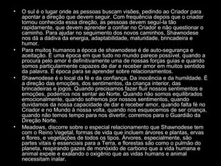 •

•

•

•

O sul é o lugar onde as pessoas buscam visões, pedindo ao Criador para
apontar a direção que devem seguir. Com frequência depois que o criador
tornou conhecida essa direção, as pessoas devem seguí-la tão
rapidamente, que devem aprender a confiar no Criador e não questionar o
caminho. Para ajudar no seguimento dos novos caminhos, Shawnodese
nos dá a dádiva da energia, adaptabilidade, maturidade, brincadeira e
humor.
Para muitos humanos a época de shawnodese é de auto-segurança e
aceitação. É uma época em que tudo no mundo parece possível, quando a
procura pelo amor é definitivamente uma de nossas forças guias e quando
somos particularmente capazes de dar e receber amor em muitos sentidos
da palavra. É época para se aprender sobre relacionamentos.
Shawnodese é o local da fé e da confiança. Da inocência e da humildade. É
a direção das emoções, dos sentimentos, da criança interior, das
brincadeiras e jogos. Quando precisamos fazer fluir nossos sentimentos e
emoções, podemos nos sentar ao Norte. Quando não somos equilibrados
emocionalmente, quando sofremos por nossos sentimentos, quando
duvidamos da nossa capacidade de dar e receber amor, quando falta fé no
Criador e no Mundo à nossa volta, quando nos esquecemos de ser criança,
quando não temos tempo para nos divertir, corremos para o Guardião da
Direção Norte.
Meadows, discorre sobre o especial relacionamento que Shawnodese tem
com o Reino Vegetal, formas de vida que incluem árvores e plantas, ervas
e flores, e vegetações de todos os tipos. Árvores, especialmente, são
partes vitais e essenciais para a Terra, e florestas são como o pulmão do
planeta, respirando gazes de monóxido de carbono que a vida humana e
animal expele e exalando o oxigênio que as vidas humans e animal
necessitam inalar.

 