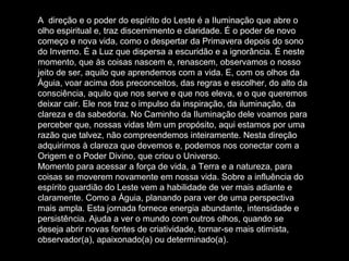 A direção e o poder do espírito do Leste é a Iluminação que abre o
olho espiritual e, traz discernimento e claridade. É o poder de novo
começo e nova vida, como o despertar da Primavera depois do sono
do Inverno. É a Luz que dispersa a escuridão e a ignorância. É neste
momento, que às coisas nascem e, renascem, observamos o nosso
jeito de ser, aquilo que aprendemos com a vida. E, com os olhos da
Águia, voar acima dos preconceitos, das regras e escolher, do alto da
consciência, aquilo que nos serve e que nos eleva, e o que queremos
deixar cair. Ele nos traz o impulso da inspiração, da iluminação, da
clareza e da sabedoria. No Caminho da Iluminação dele voamos para
perceber que, nossas vidas têm um propósito, aqui estamos por uma
razão que talvez, não compreendemos inteiramente. Nesta direção
adquirimos à clareza que devemos e, podemos nos conectar com a
Origem e o Poder Divino, que criou o Universo.
Momento para acessar a força de vida, a Terra e a natureza, para
coisas se moverem novamente em nossa vida. Sobre a influência do
espírito guardião do Leste vem a habilidade de ver mais adiante e
claramente. Como a Águia, planando para ver de uma perspectiva
mais ampla. Esta jornada fornece energia abundante, intensidade e
persistência. Ajuda a ver o mundo com outros olhos, quando se
deseja abrir novas fontes de criatividade, tornar-se mais otimista,
observador(a), apaixonado(a) ou determinado(a).

 