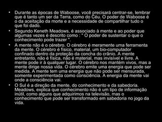 •

•
•

•

Durante as épocas de Waboose, você precisará centrar-se, lembrar
que é tanto um ser da Terra, como do Céu. O poder de Waboose é
o da aceitação da morte e a necessidade de compartilhar tudo o
que foi dado.
Segundo Keneth Meadows, é associado à mente e ao poder que
algumas vezes é descrito como : " O poder de sustentar o que o
conhecimento pode trazer ".
A mente não é o cérebro. O cérebro é meramente uma ferramenta
da mente. O cérebro é físico, material, um bio-computador
confinado dentro da proteção da concha do crânio. A mente
entretanto, não é física, não é material, mas invisível e livre. A
mente pode ir à qualquer lugar. O cérebro nos mantém vivos, mas a
mente dirige nossa vida. O cérebro emite uma energia que pode ser
medida. A mente tem uma energia que não pode ser mensurada,
somente experimentada como consciência. A energia da mente vai
onde a consciência vai.
O Sul é a direção da mente, do conhecimento e da sabedoria.
Meadows, explica que conhecimento não é um tipo de informação
inútil, como alguns que adquirimos na televisão, mas o
conhecimento que pode ser transformado em sabedoria no jogo da
vida.

 