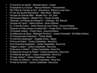 •
•
•
•
•
•
•
•
•
•
•
•
•
•
•
•
•
•
•
•
•
•
•

"O Caminho do Xamã" - Michael Harner - Cultrix
"A Serpente e o Círculo" - Namua Rahesha - Pensamento
"Na Trilha do Templo do Sol - Ghandarva - Editora Liz de Ouro
"A Voz dos Quatro Elementos" - Alba Maria - Madras
"Anuário da Grande Mãe" - Mirella Faur - Ed. Gaia
"Almanaque Mágico" - Mirella Faur - Forças Ocultas
"Chamalu, os Passos do Peregrino" - Chamalu - Ed. Record
"Canção do Vento" - Mario Scherer - Shan Editores
"E...O Ancião Falou" - Antón Ponce de Leon Paiva - Ground Editora
"Quando um Raio Atinge um Beija-Flor" - Foster Perry - Ground Editora
"A Floresta Violeta" - Foster Perry - Ground Editora
"As Máscaras de Deus - Mitologia Primitiva" - Joseph Campbell - Ed Pallas Athena
"A Travessia das Feiticeiras" - Taisha Abelar
"O Caminho Quádruplo" - Angeles Arrien - Ágora
"A Erva do Diabo" - Carlos Castañeda - Nova Era
"Uma Estranha Realidade" - Carlos Castañeda - Nova Era
"Viagem a Ixtlan" - Carlos Castañeda - Nova Era
"Porta para o Infinito" - Carlos Castañeda - Nova Era
"O Segundo Círculo de Poder" - Carlos Castañeda - Nova Era
"O Presente da Águia" - Carlos Castañeda - Nova Era
"O Fogo Interior" - Carlos Castañeda - Nova Era
"O Poder do Silêncio" - Carlos Castañeda - Nova Era
"A Arte do Sonhar" - Carlos Castañeda - Nova Era

 
