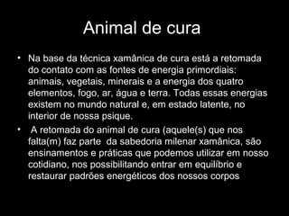 Animal de cura
• Na base da técnica xamânica de cura está a retomada
do contato com as fontes de energia primordiais:
animais, vegetais, minerais e a energia dos quatro
elementos, fogo, ar, água e terra. Todas essas energias
existem no mundo natural e, em estado latente, no
interior de nossa psique.
• A retomada do animal de cura (aquele(s) que nos
falta(m) faz parte da sabedoria milenar xamânica, são
ensinamentos e práticas que podemos utilizar em nosso
cotidiano, nos possibilitando entrar em equilíbrio e
restaurar padrões energéticos dos nossos corpos

 