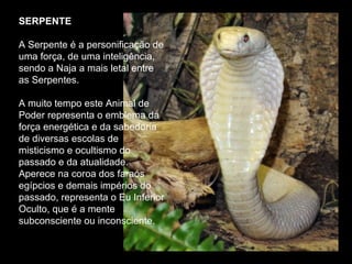 SERPENTE   A Serpente é a personificação de uma força, de uma inteligência, sendo a Naja a mais letal entre as Serpentes.  A muito tempo este Animal de Poder representa o emblema da força energética e da sabedoria de diversas escolas de misticismo e ocultismo do passado e da atualidade. Aperece na coroa dos faraós egípcios e demais impérios do passado, representa o Eu Inferior Oculto, que é a mente subconsciente ou inconsciente.  