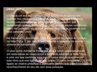 URSO   O Urso é um dos mais antigos seres totêmicos de que se tem registro, nos oferencendo alimento, força, proteção e sabedoria. Muitas culturas indígenas possuem mitos e costumes que demonstram grande respeito pelo Urso. Antigas lendas xamânicas falam de um tempo em que as pessoas dividiam as cavernas com seus parentes Ursos.  No Xamanismo Ancestral a Ursa é a guardiã do chakra do coração da Mãe-Terra. E por isso, o Urso assume o arquétipo do animal protetor no Xamanismo.  O Urso como Animal de Poder nos leva a sentir verdadeiramente em cada célula de nosso corpo a batida do coração da Mãe-Terra, e uma vez que sentimos esta batida nunca mais esqueceremos este ritmo que nos liga a todas as coisas. O corpo emocional, ligado ao chakra umbelical é muitíssimo beneficiado pelo reconhecimento do seu elo com essa pulsação.  