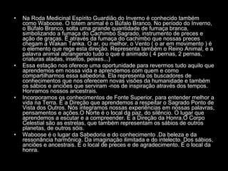Na Roda Medicinal Espírito Guardião do Inverno é conhecido também como Waboose. O totem animal é o Búfalo Branco. No período do Inverno, o Búfalo Branco, solta uma grande quantidade de fumaça branca, simbolizando a fumaça do Cachimbo Sagrado, instrumento de preces e ação de graças. É através da fumaça do cachimbo que nossas preces chegam a Wakan Tanka. O ar, ou melhor, o Vento ( o ar em movimento ) é o elemento que rege esta direção. Representa também o Reino Animal, e a palavra animal abrangendo tudo o que é animado ( 4 pernas, 2 pernas, criaturas aladas, insetos, peixes...)  Essa estação nos oferece uma oportunidade para revermos tudo aquilo que aprendemos em nossa vida e aprendemos com quem e como compartilharmos essa sabedoria. Ela representa os buscadores de conhecimentos que nos oferecem novas visões da humanidade e também os sábios e anciões que serviram -nos de inspiração através dos tempos. Honramos nossos ancestrais.  Incorporamos os conhecimentos de Fonte Superior, para entender melhor a vida na Terra. É a Direção que aprendemos a respeitar o Sagrado Ponto de Vista dos Outros. Nós integramos nossas experiências em nossas palavras, pensamentos e ações.O Norte é o local da paz, do silêncio. O lugar que aprendemos a escutar e a compreender. É a Direção da Honra.O Corpo Celestial são as estrelas, que também representam os sábios de outros planetas, de outros sóis.  Waboose é o lugar da Sabedoria e do conhecimento .Da beleza e da ressonância harmônica. Da imaginação ilimitada e do intelecto. Dos sábios, anciões e ancestrais. É o local de preces e de agradecimento. É o local da honra.  